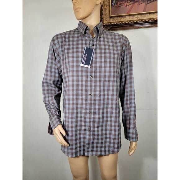 Roundtree & Yorke Mens SIZE XL Brown Checkered Button-Down Shirt Long Sleeve - Picture 2 of 10